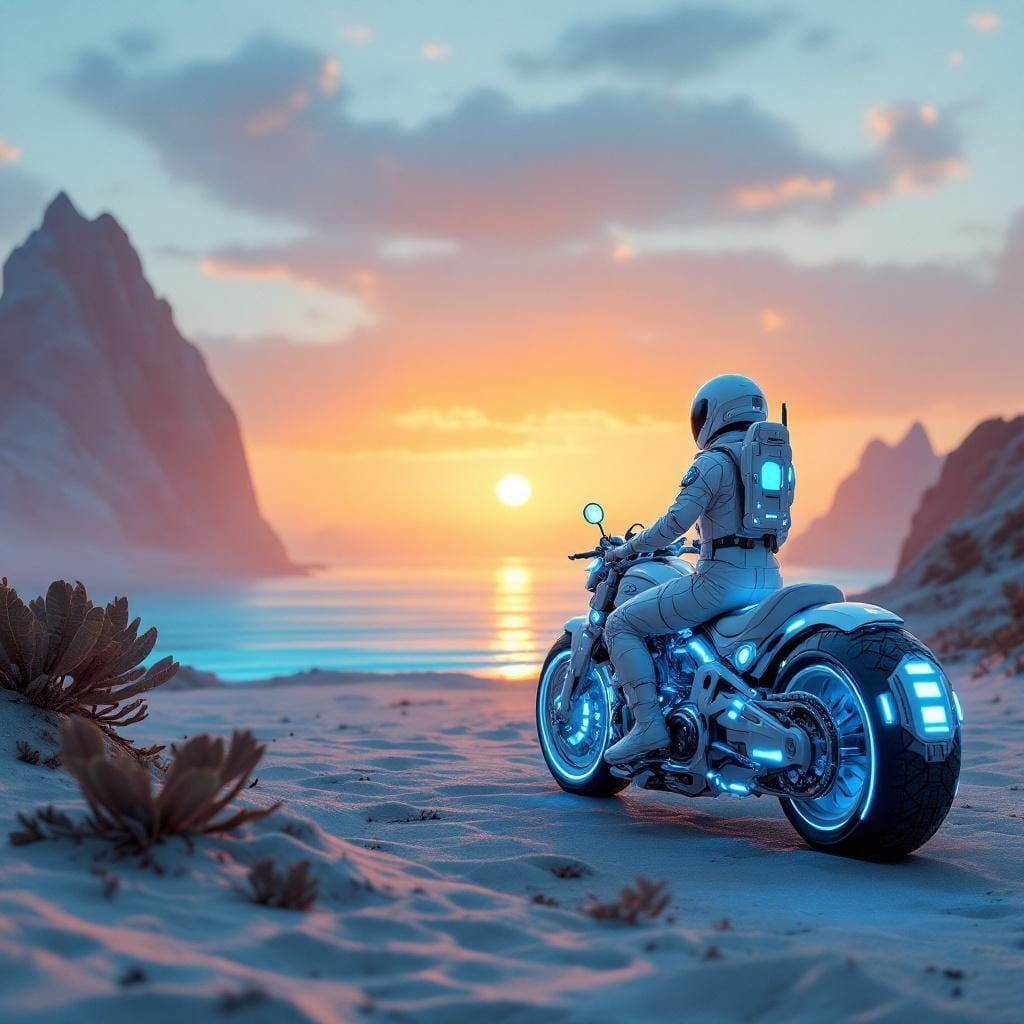 Astronaut on Alien Beach at Sunrise in Retro-Futuristic Styl...