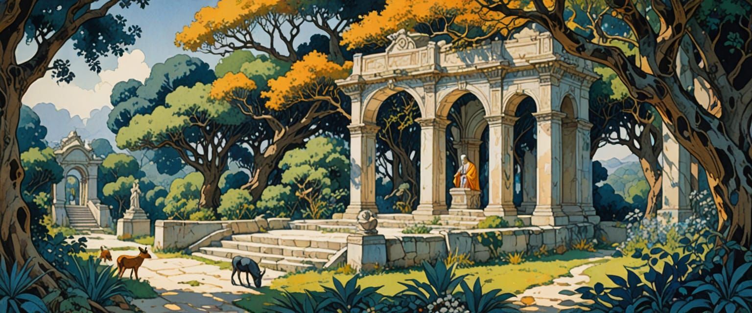 Ancient Temple Scene in Watercolor Style