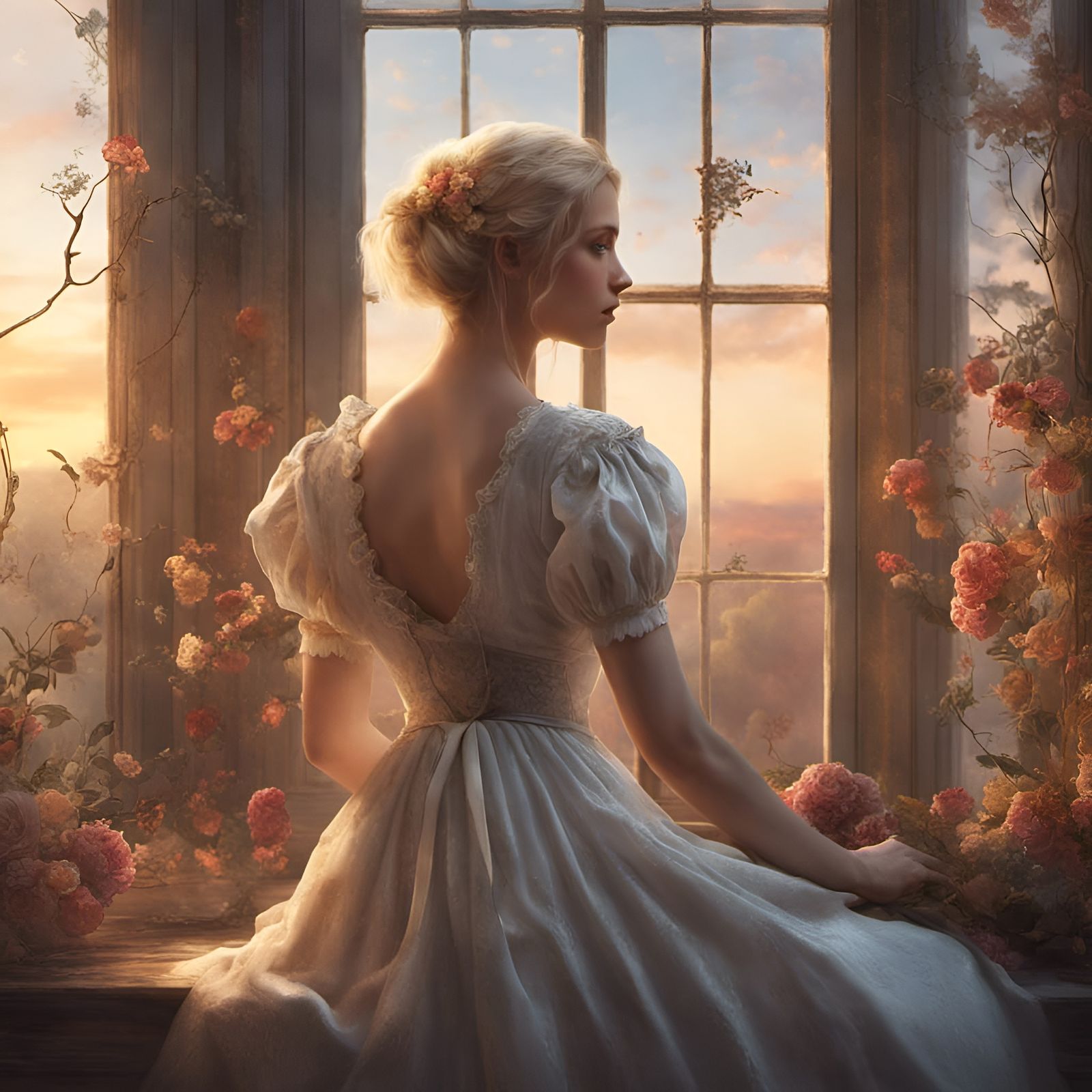 Regency Woman in Sunset Light: Detailed Digital Art