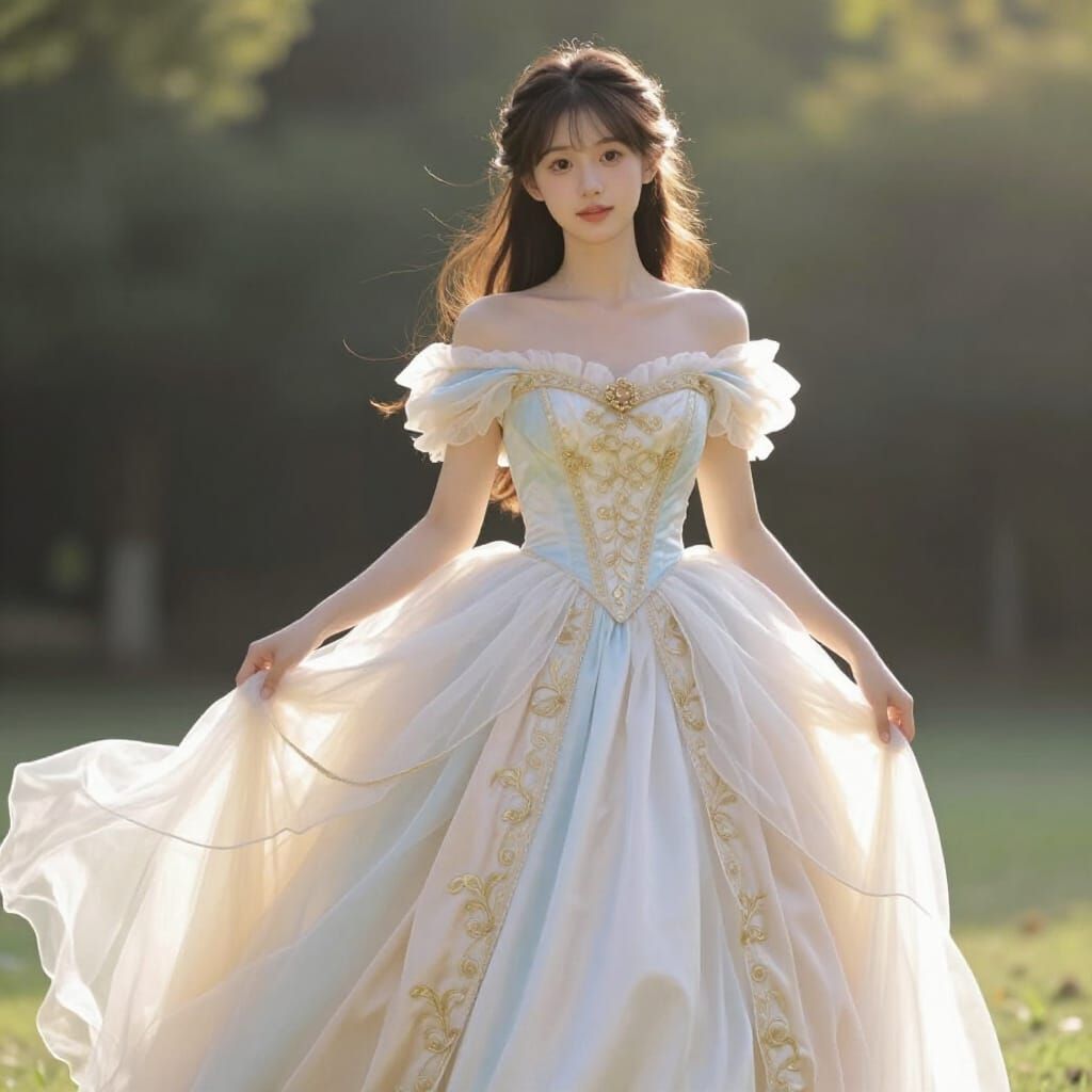 Elegant Woman in Fairytale Gown at Golden Hour
