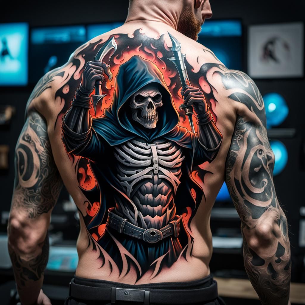 3D tattoo on wrestlers back of grim reaper swinging sickle r...