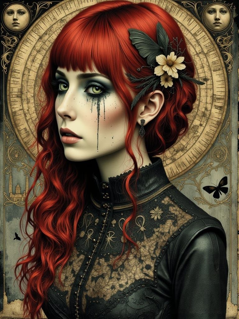 Ethereal Gothic Goddess in Cyberpunk Art Nouveau Style