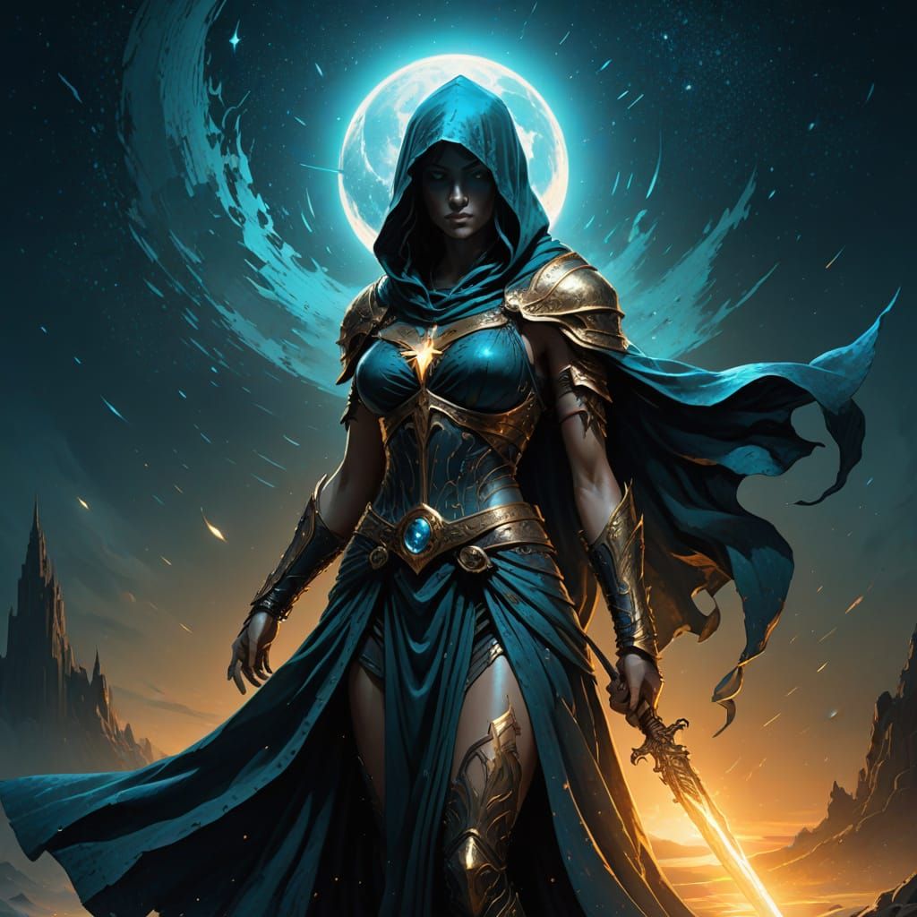 Mysterious Dark Fantasy Figure with Cosmic Patterns