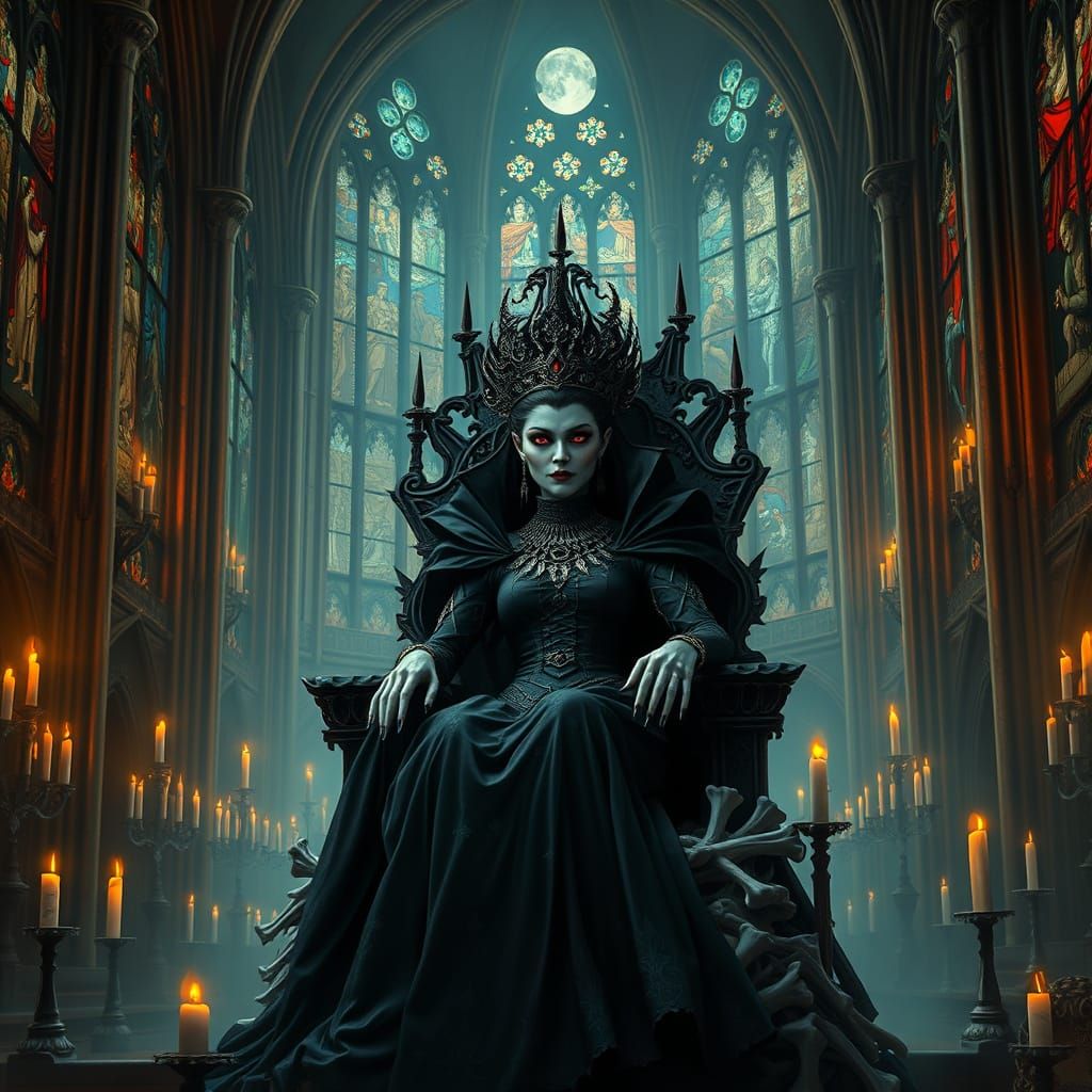 Gothic Vampire Queen on Bone Throne in Cathedral