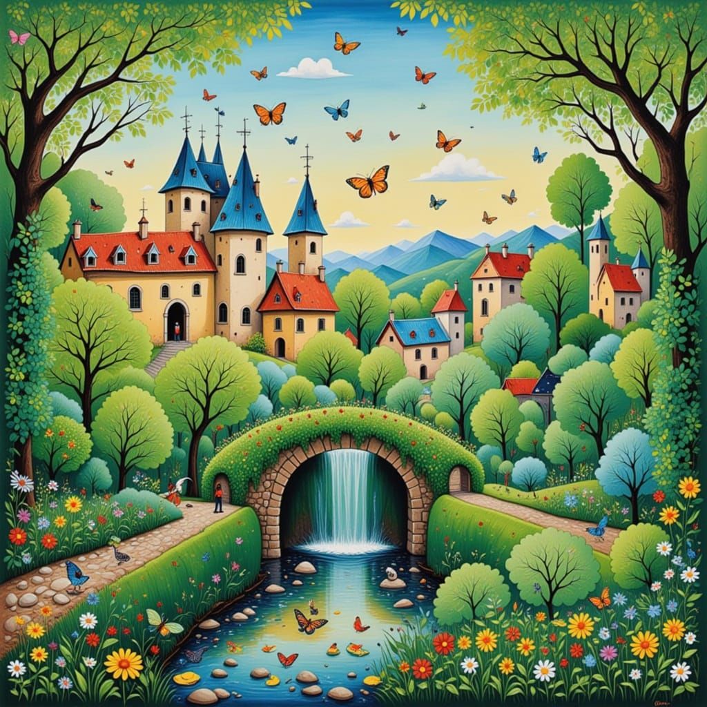 Whimsical Castle in Naïf Art Style