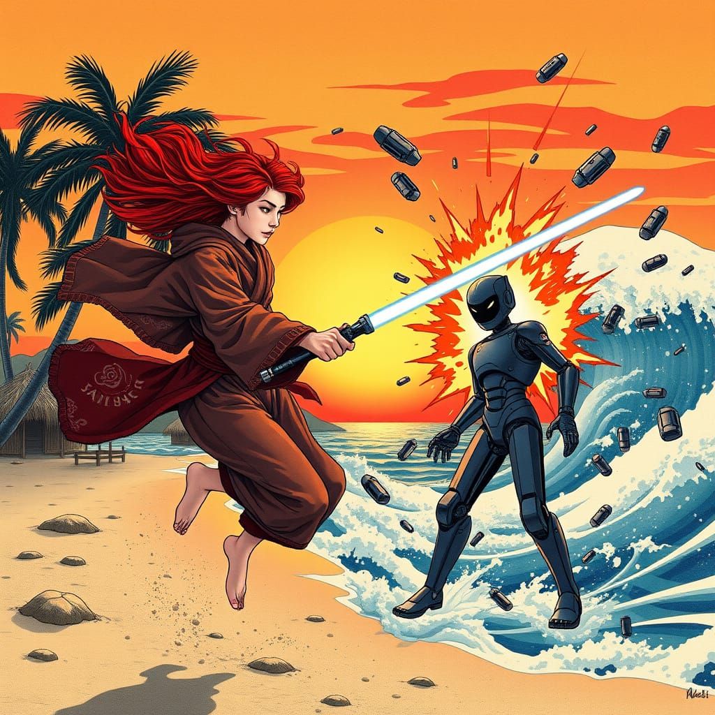 Jedi Knight Versus Android in Ukiyo-e Style