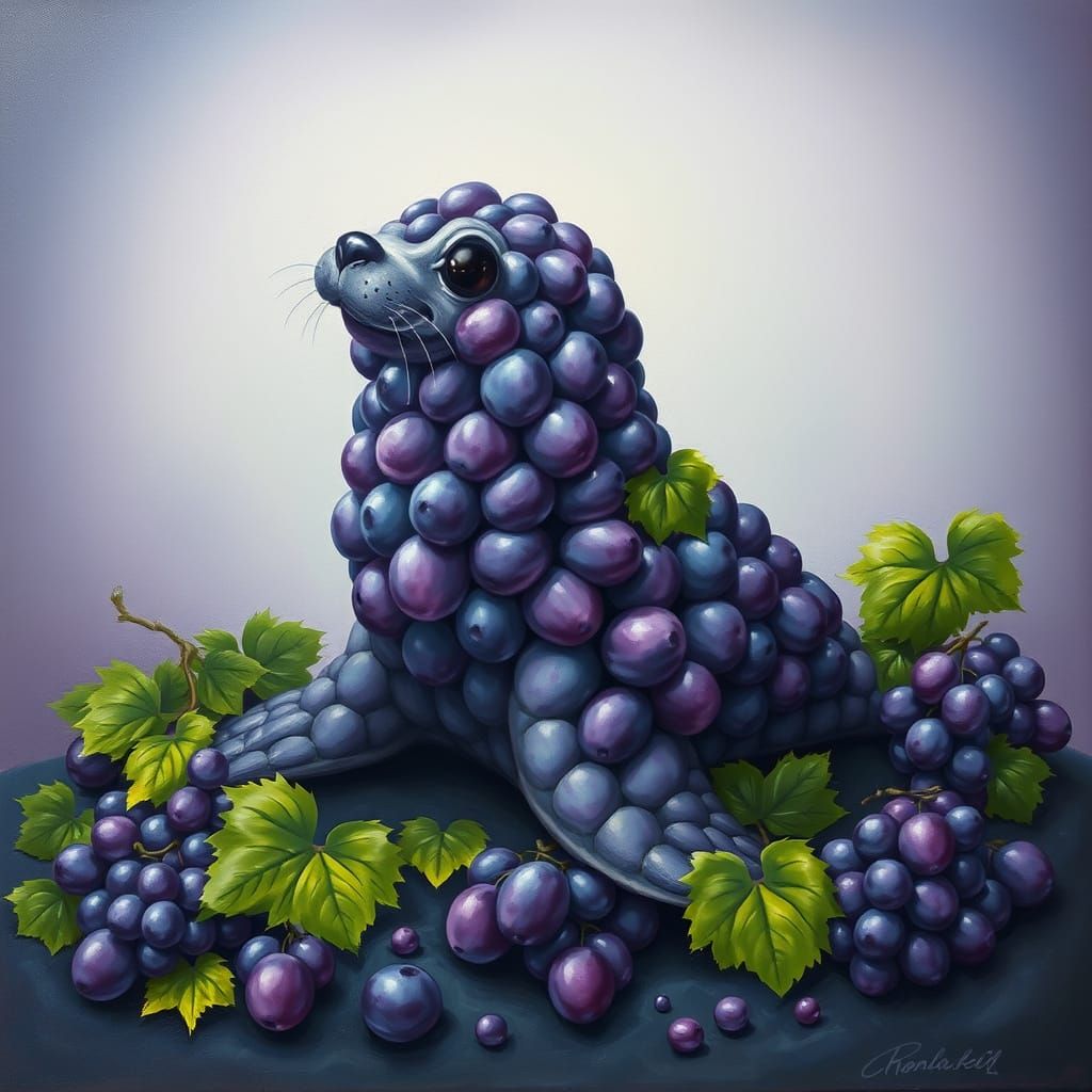 Surreal Grape Seal Emerges from a Fantastical World