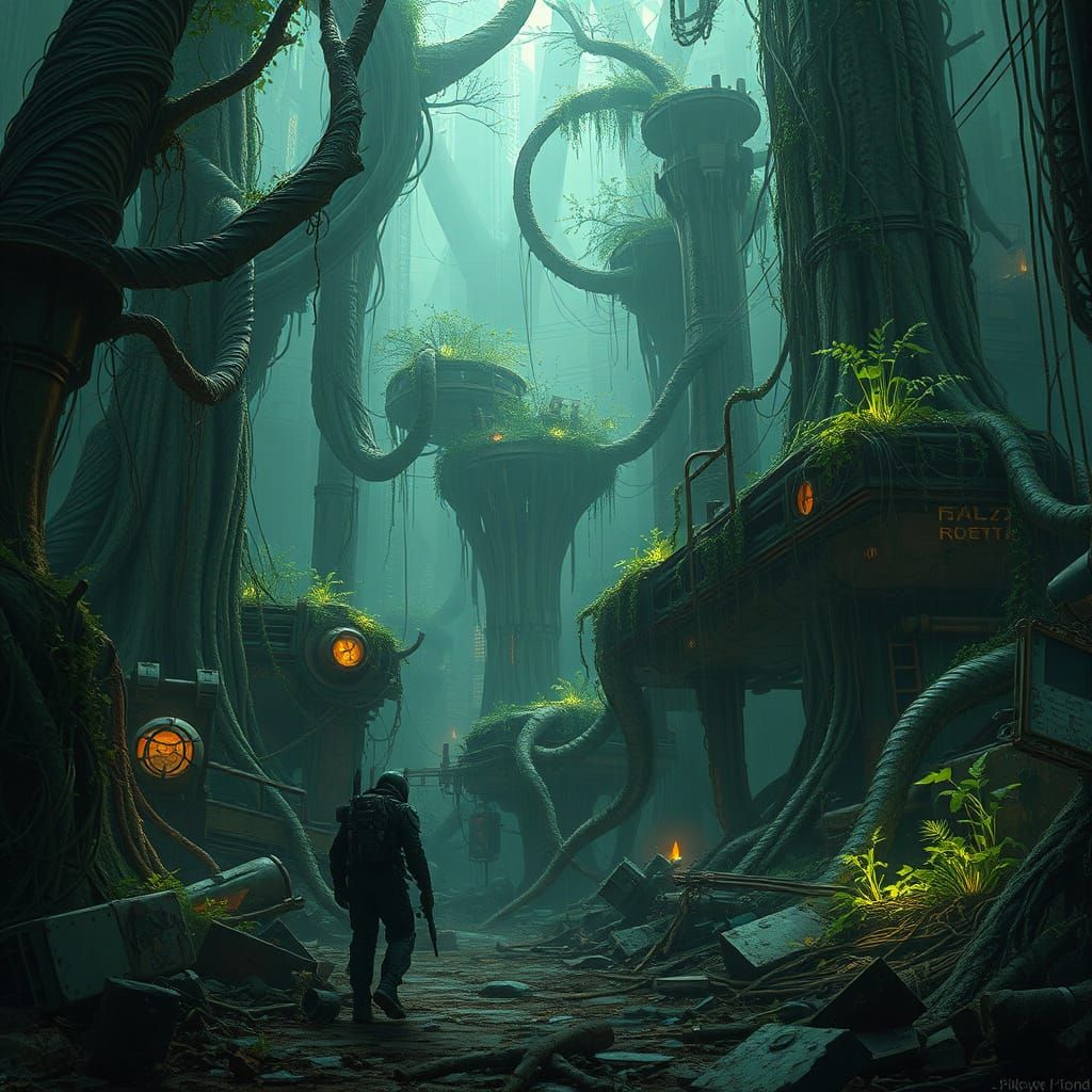 Cyberpunk Soldier in Nature's City Reclamation