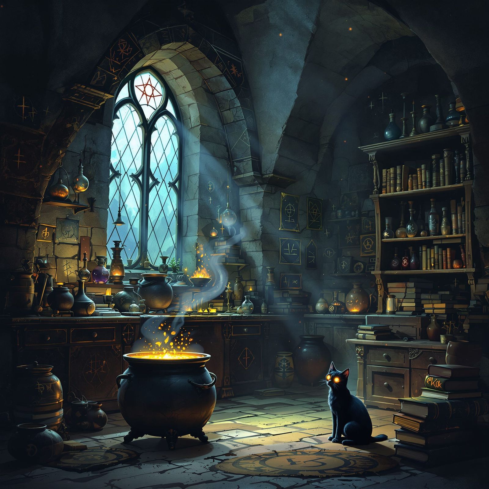 Mysterious Alchemist Lab with Spectral Cat in Dark Fantasy S...