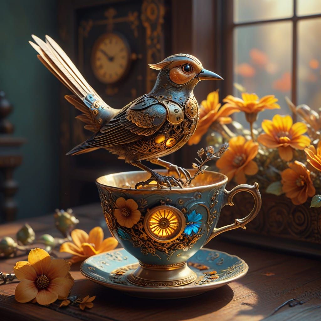 Steampunk Clockwork Bird on Autumn Teacup in Golden Light