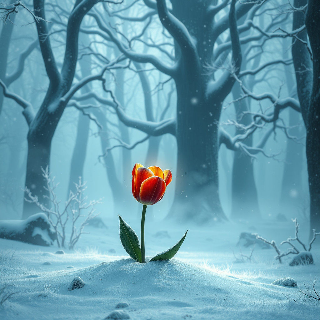 Red Tulip Blooming in Snowy Fantasy Landscape
