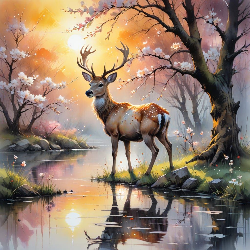 Deer Under Cherry Blossoms at Golden Sunset