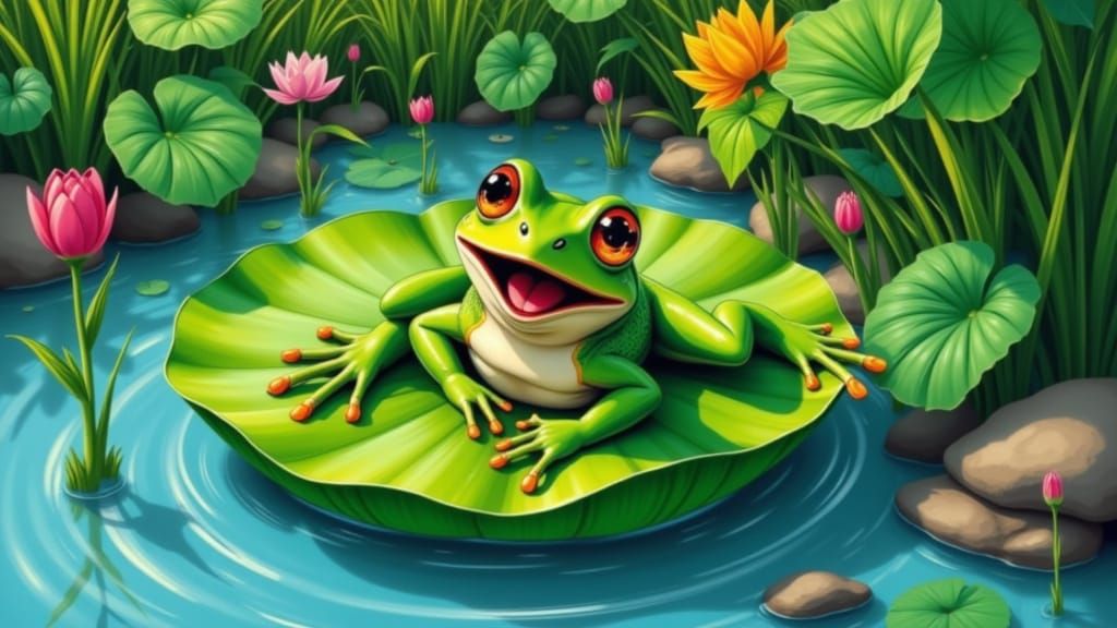 Surprised Frog's Lilypad Plunge: Colorful Comic Illustration