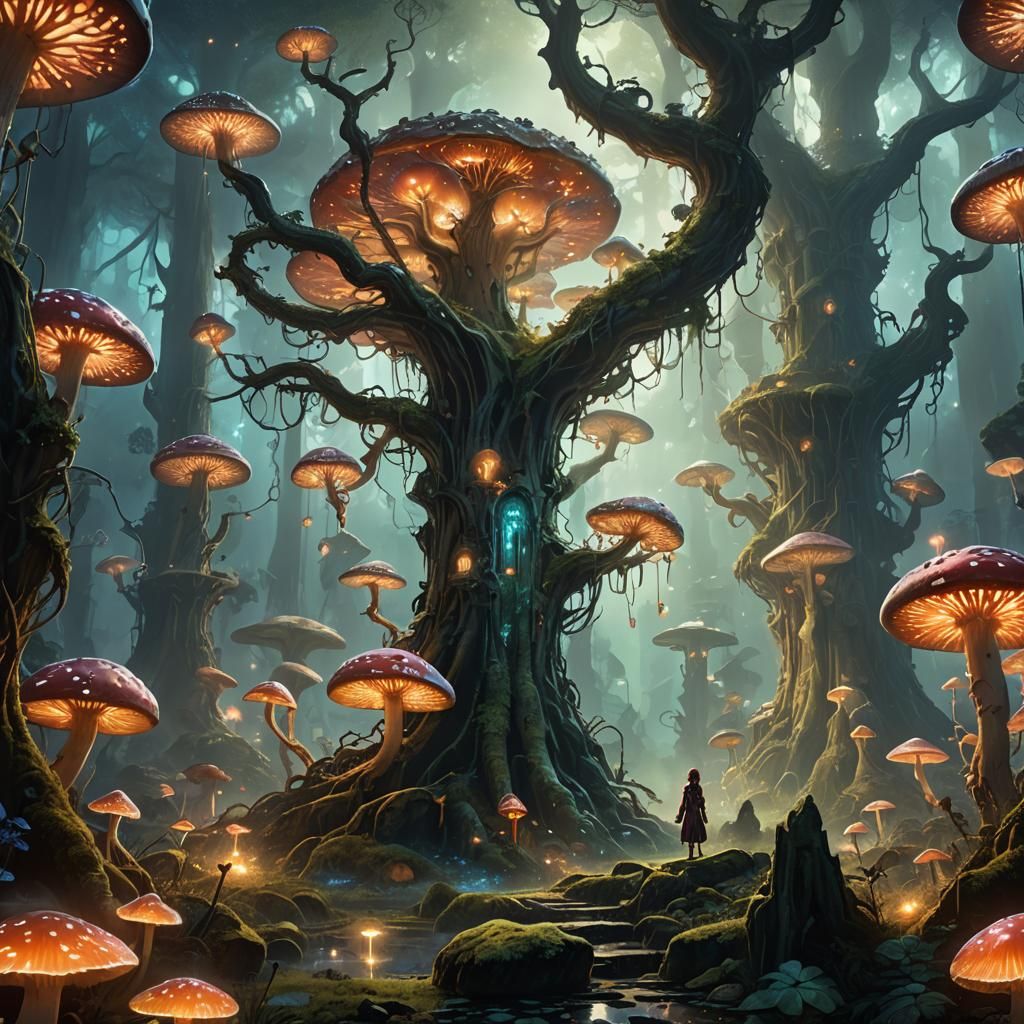 Ethereal Creature in Mystical Forest, Art Nouveau Style