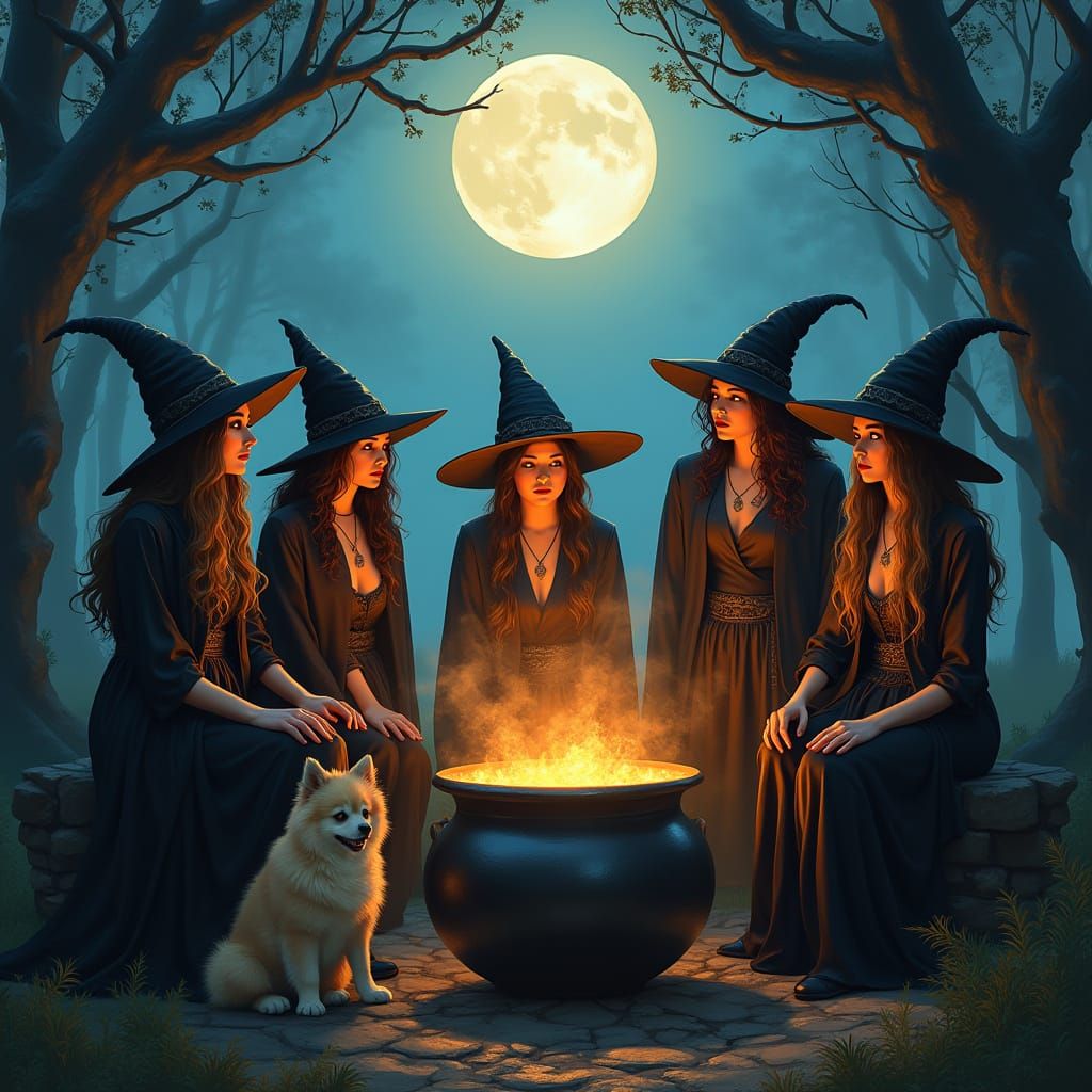 Fashionable Witches Coven Around Luminous Cauldron
