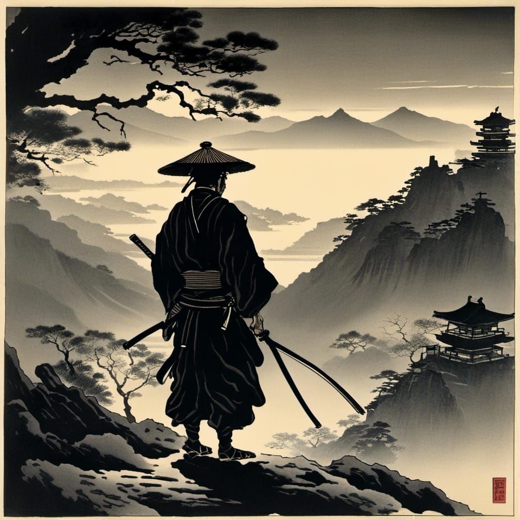 Ronin on Mountain Peak in Ukiyo-e Style