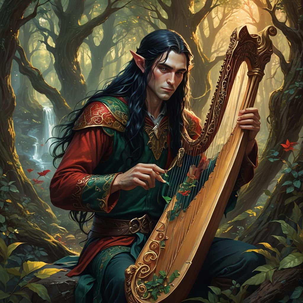 young male elf with very long black hair and blue eyes and s...