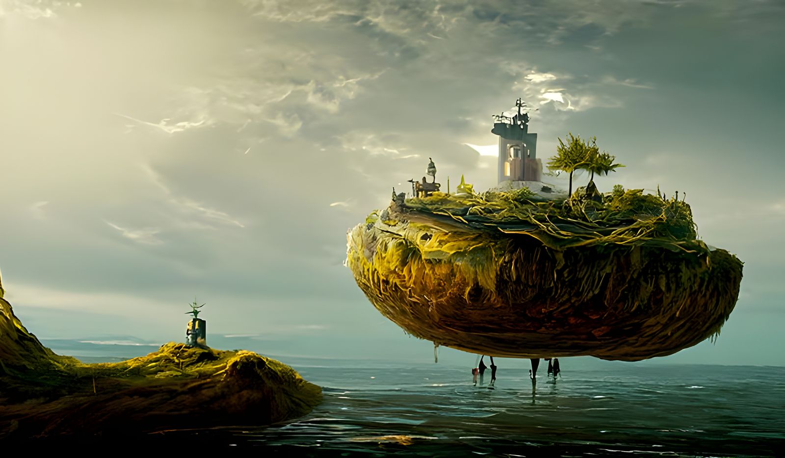Floating Island Over Desolate Ocean, Surreal Digital Art