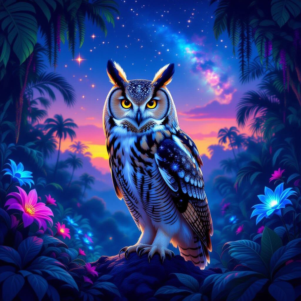 Majestic Owl in Alien Jungle Twilight Encaustic Painting