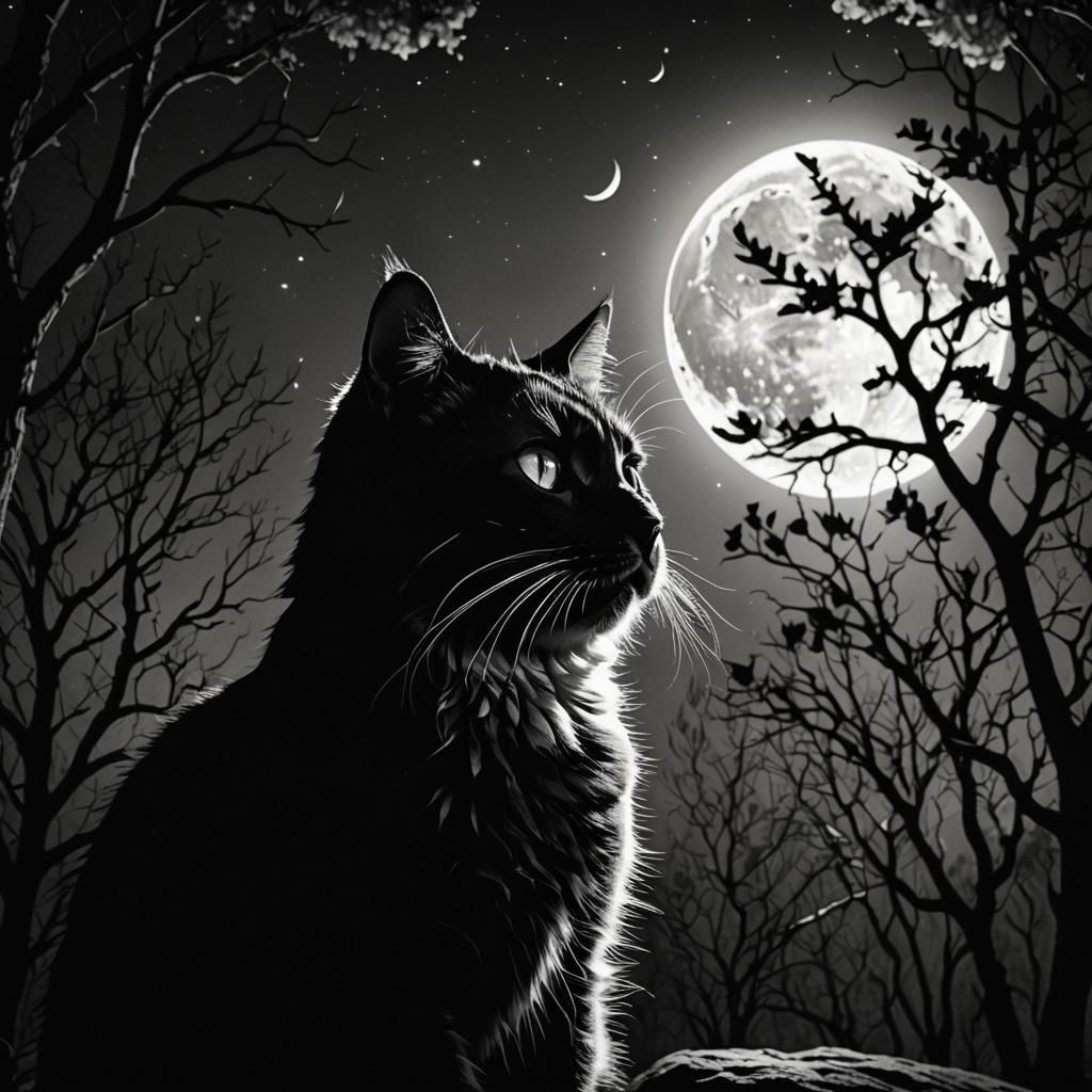 Monochromatic Cat and Moon Double Exposure Art