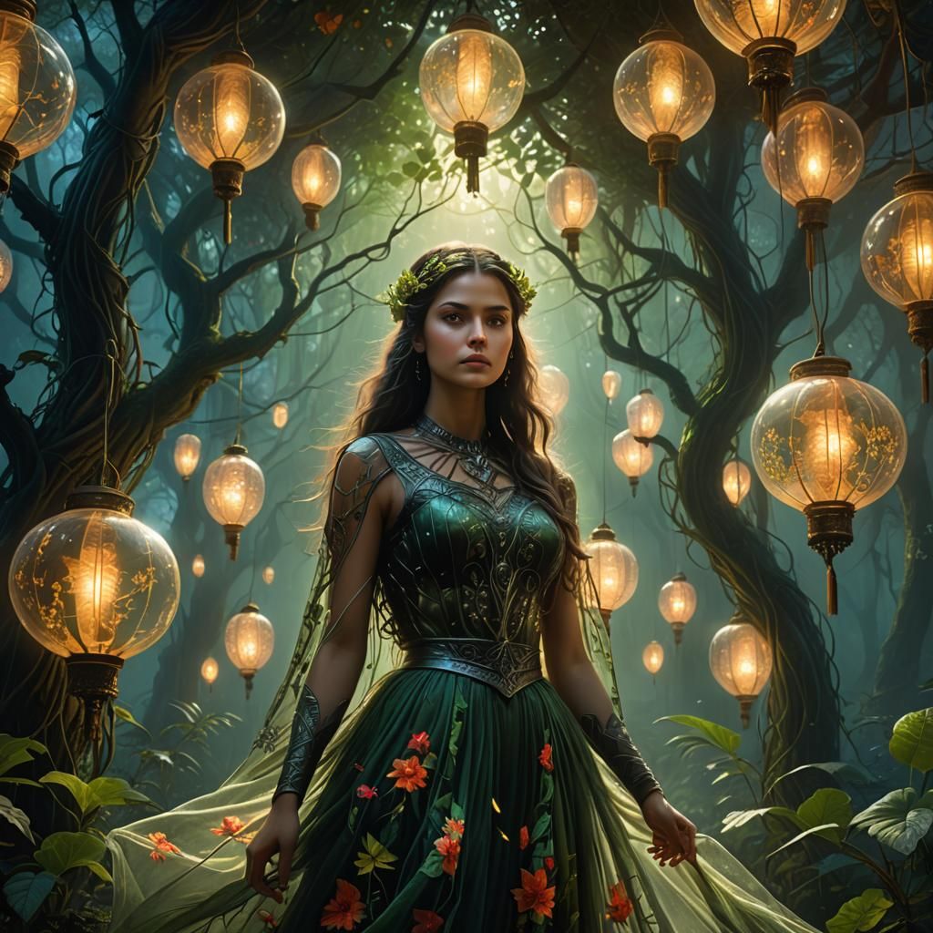 Ethereal Woman in Forest of Lanterns