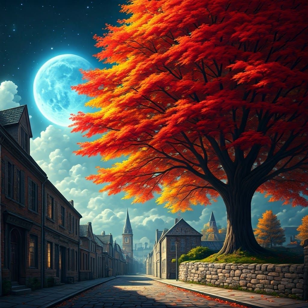Autumn in Town: Bright Night Street, Majestic Maple Tree (Go...