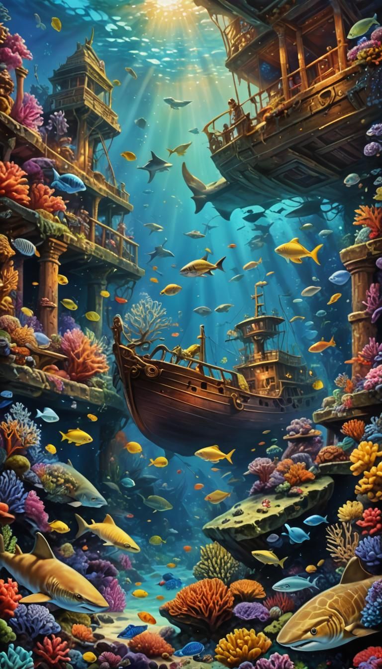 Underwater Shipwreck in Flooded City: Neo-Impressionist Pain...