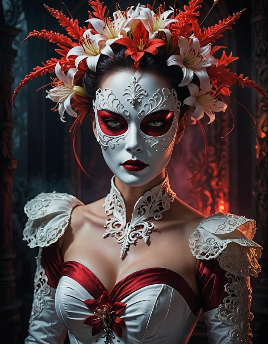 Masked Woman with Red Flowers: Digital Matte Painting
