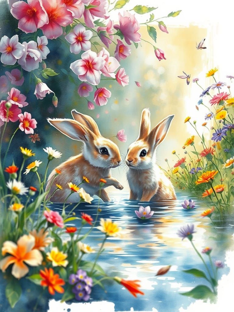 Vibrant Garden Scene with Playful Baby Bunnies in Watercolor...