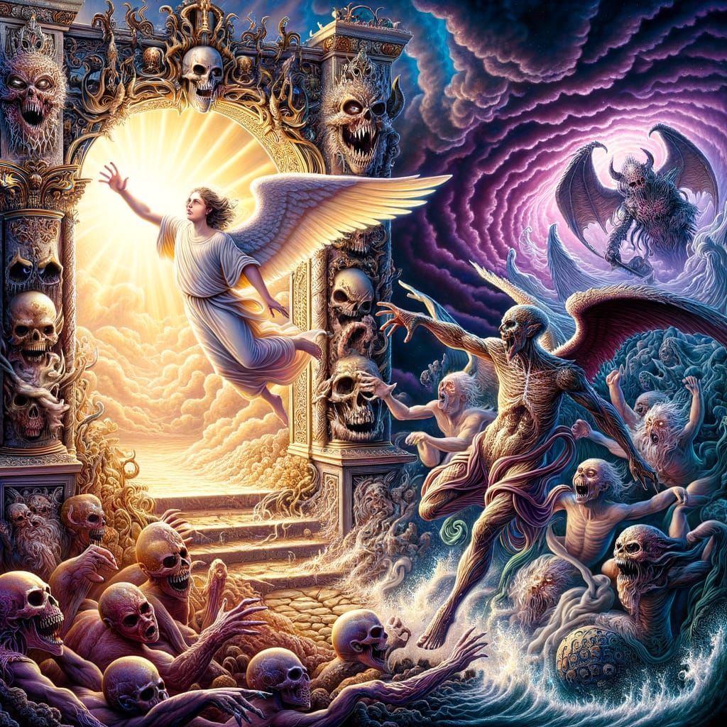 Angel Flees Psychedelic Hellscape Through Ornate Gate