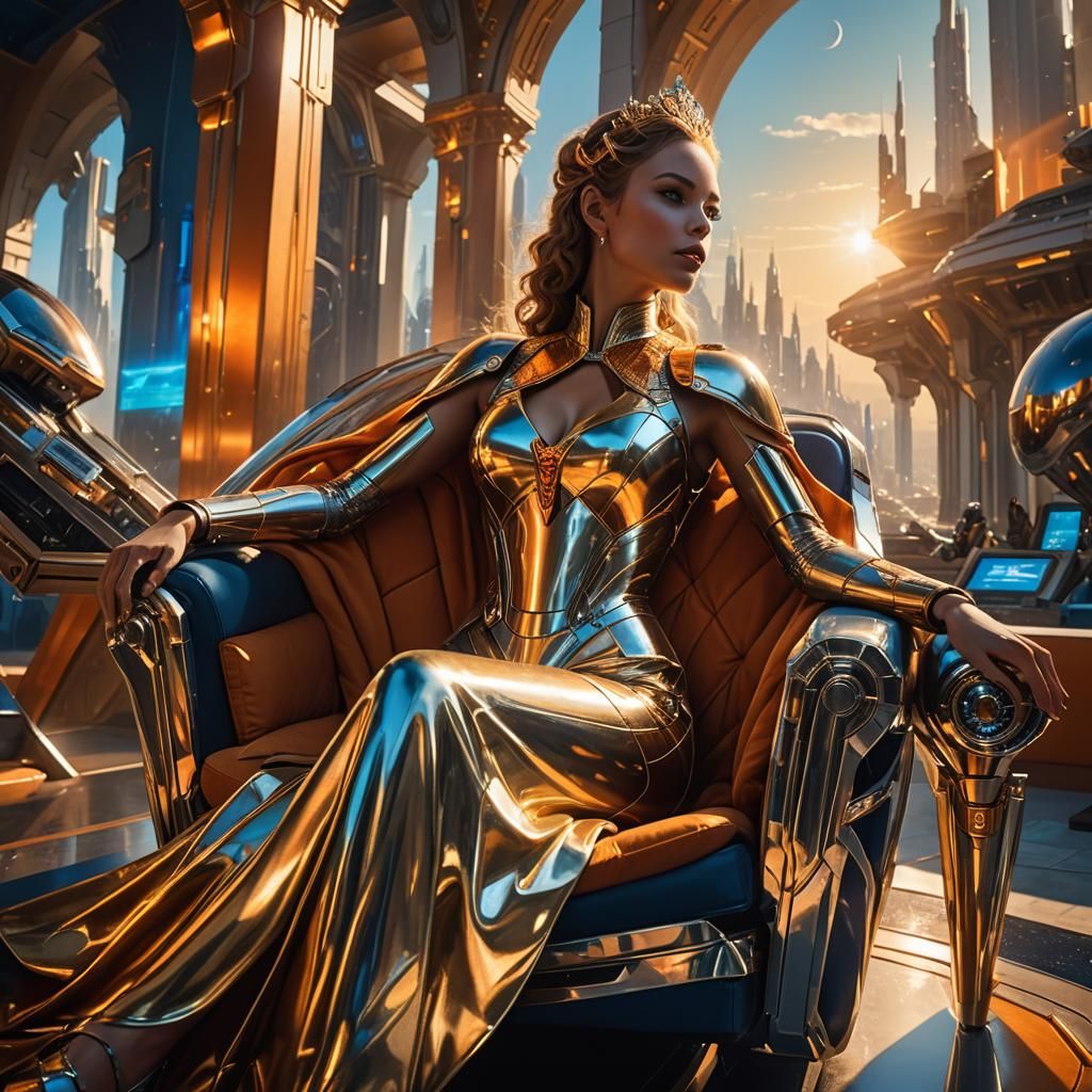 Elegant Sci-Fi Princess in Futuristic Palace at Golden Hour