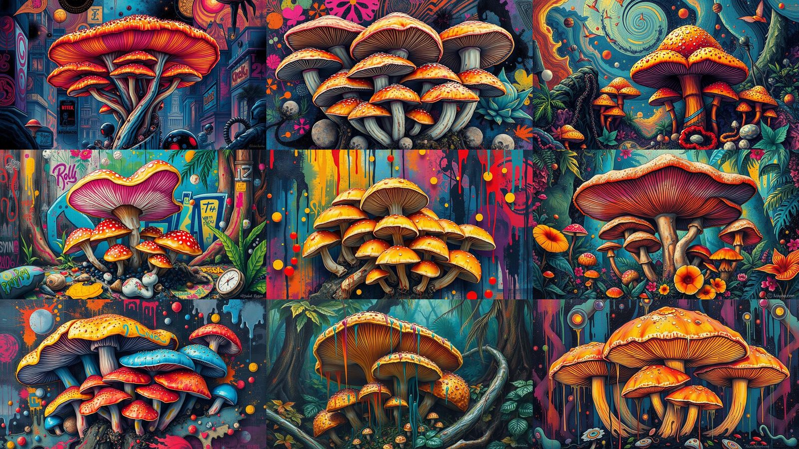 big cluster of psilocyb cubensis amazonian surreal graffiti art, splash art, street art, spray paint, oil gouache meltin...