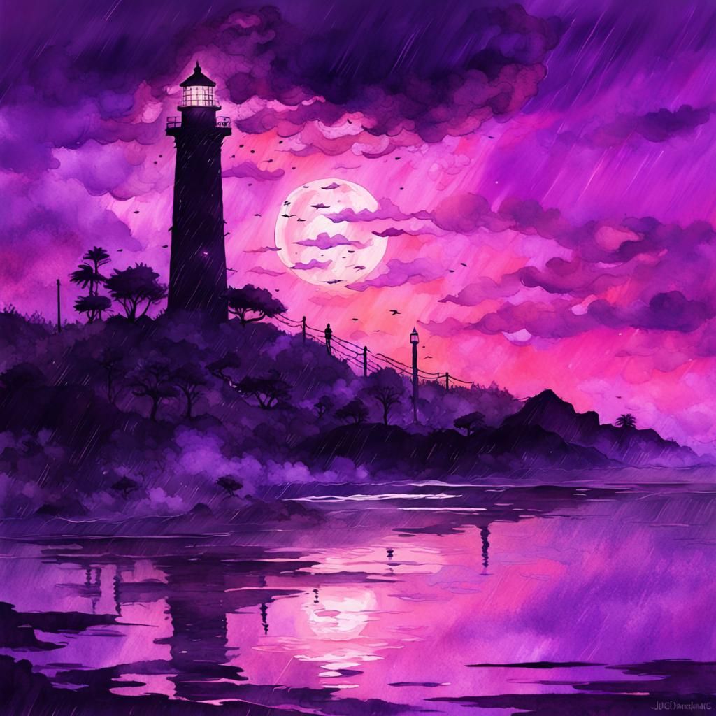 Purple Sunset Lighthouse in Cyberpunk Watercolor Style