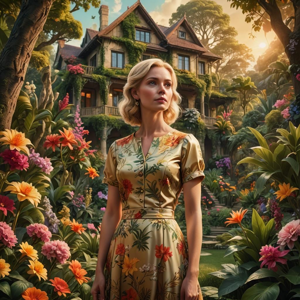 Blonde Housewife in Lush Exotic Garden