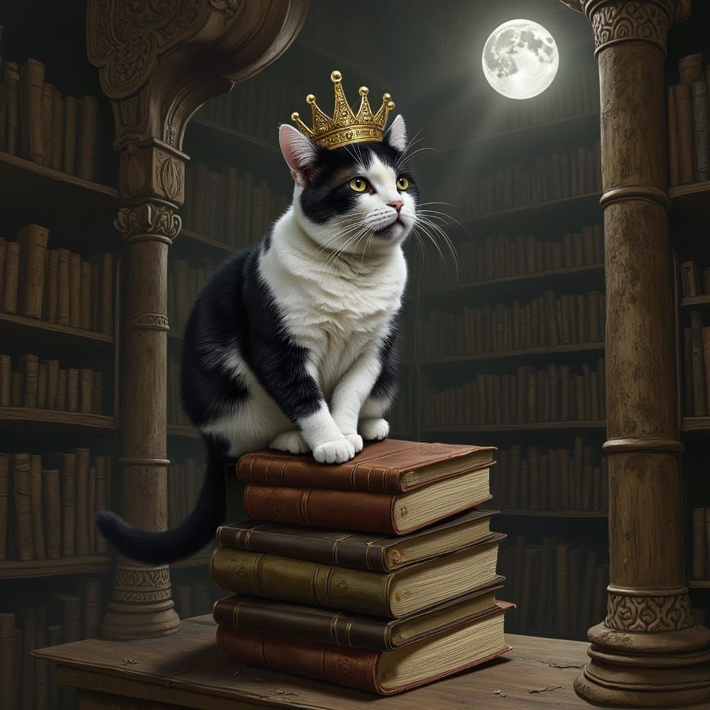 Cat in Crown on Books in Dusty Library