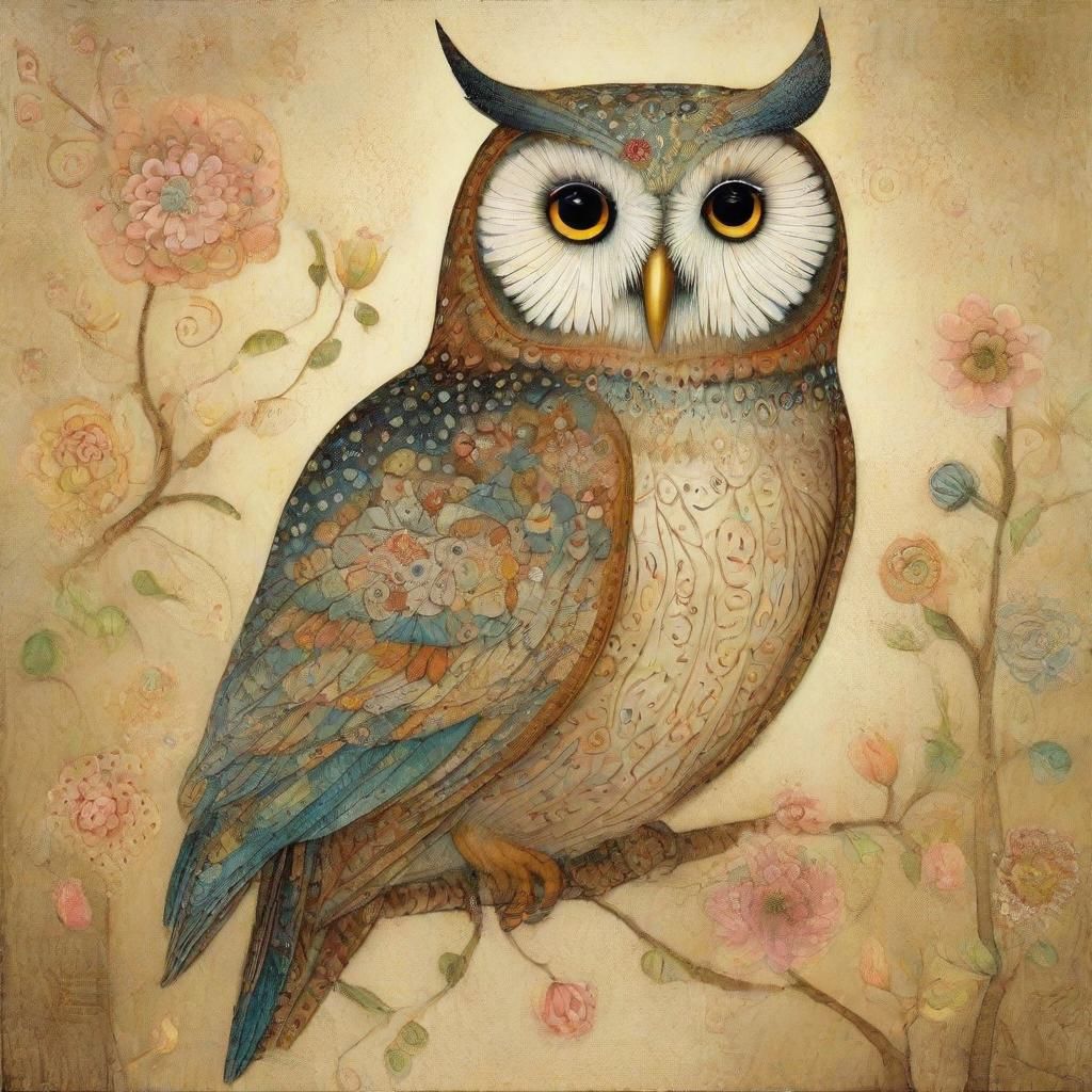 Whimsical Owl Portrait in Mixed Media Style