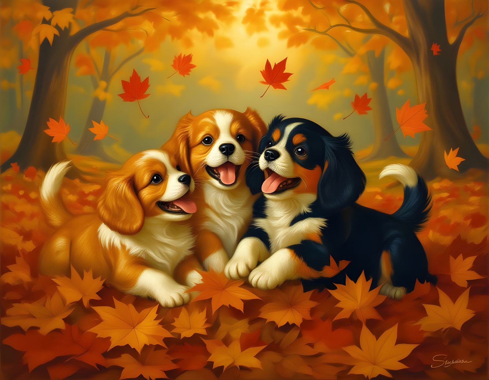 Joyful King Charles Spaniels Play in Autumn Leaves
