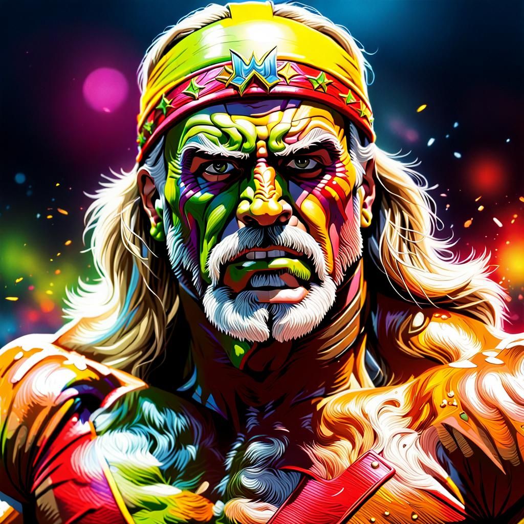 Macho Man hulk Hogan ultimate warrior and million Dollar Man intricate details, HDR, beautifully shot, hyperrealistic, s...