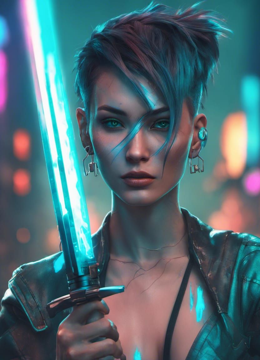 Cyberpunk Woman with Glowing Katana in Neon City
