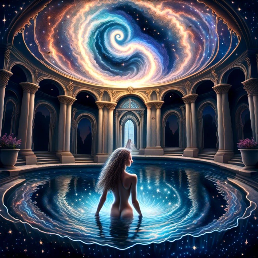 Maiden skinny dipping in castle fountain