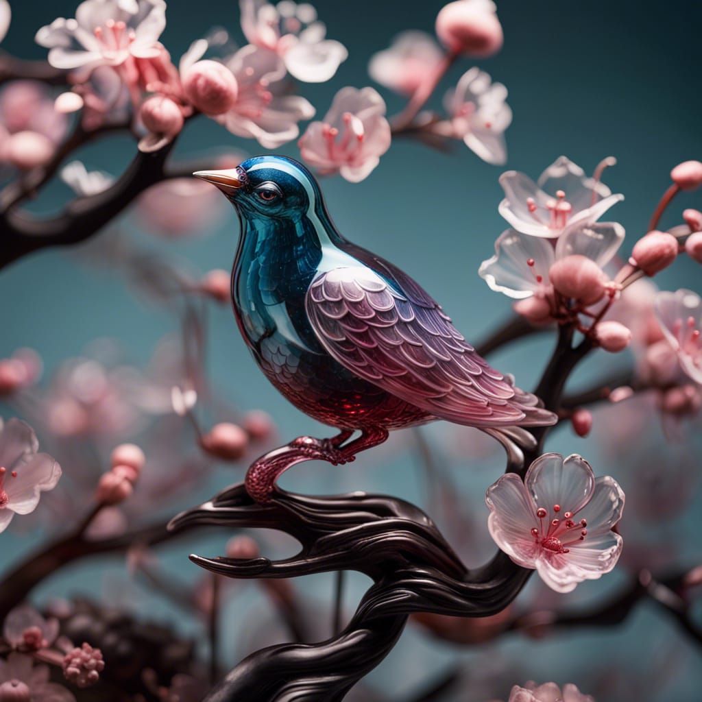 Exquisite Glass Bird Figurine in Cherry Blossom Tree