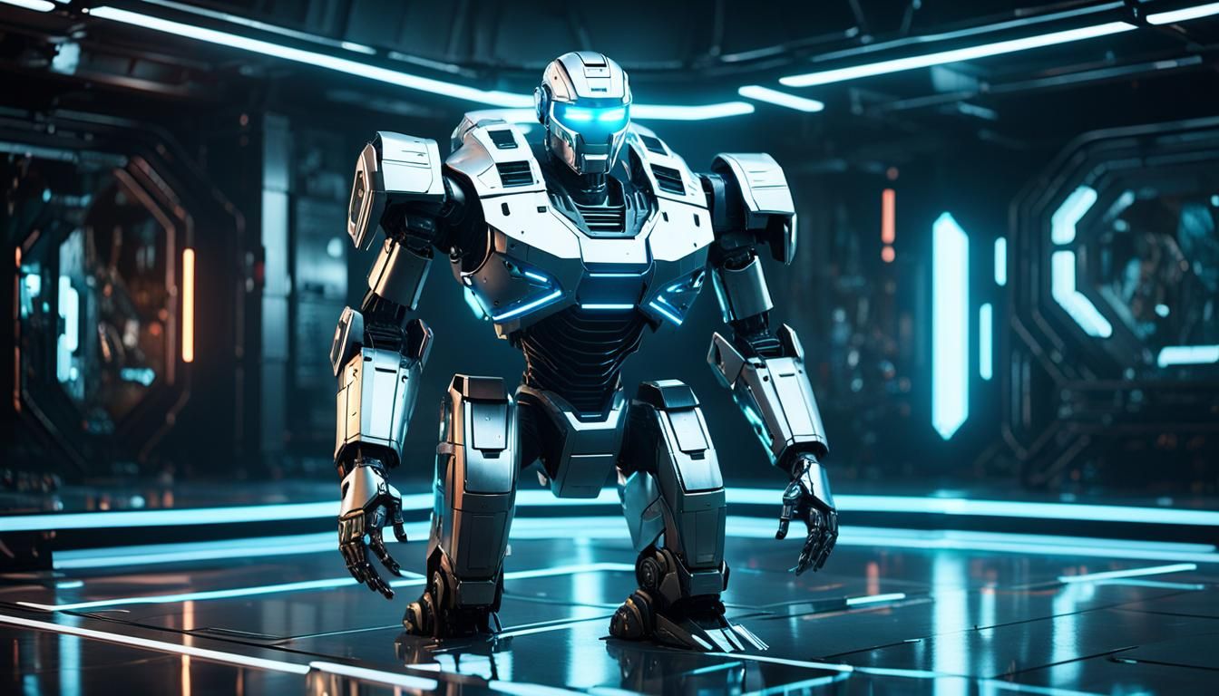 Heavily Armored Robot in Futuristic Bar, Sci-Fi Art