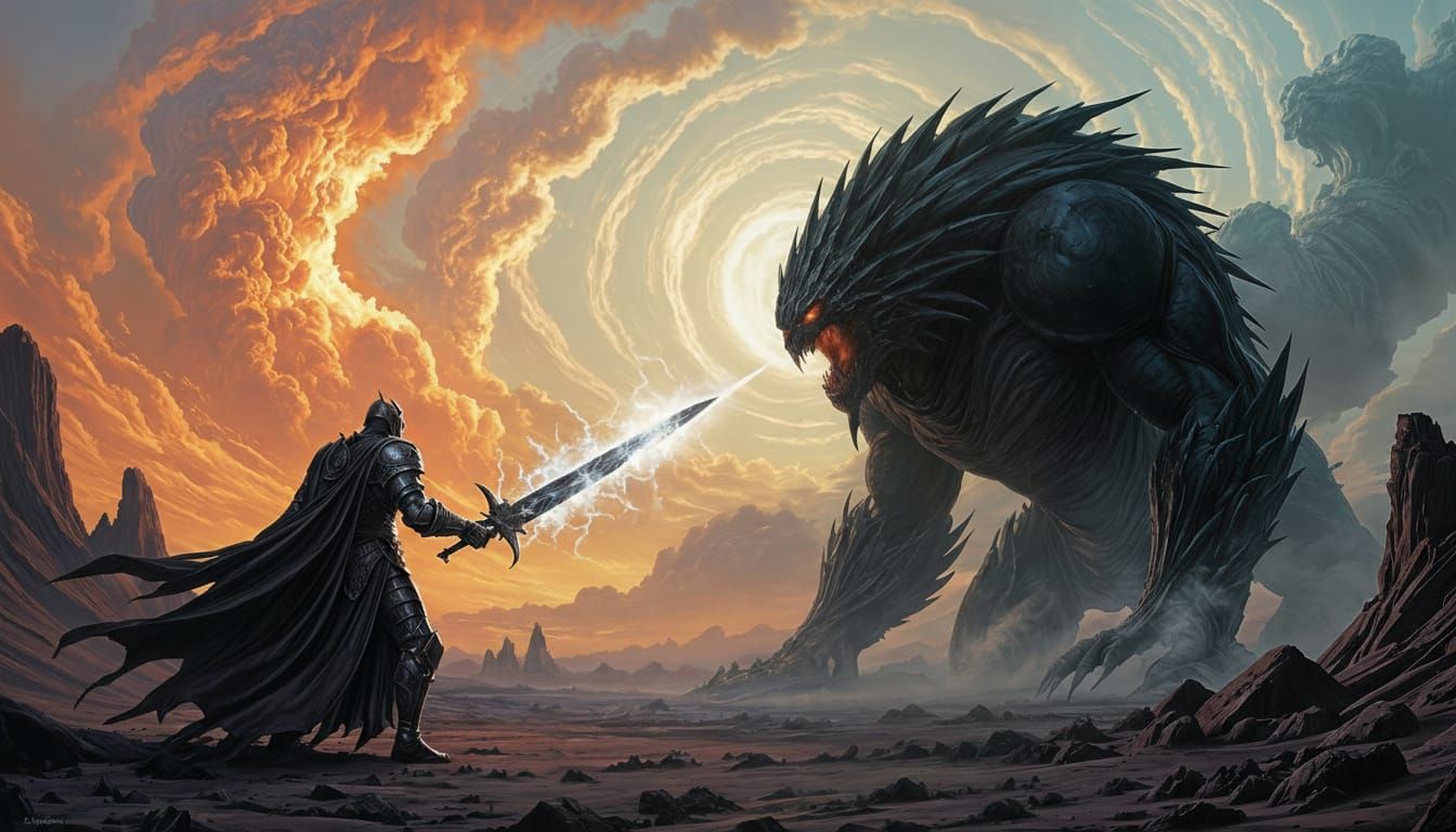 Obsidian Knight Battles Shadow Beast in Volcanic Wasteland