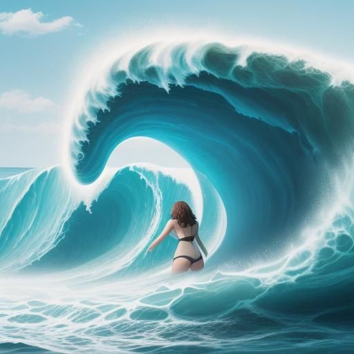 Colossal Wave Breaks at Beach with Swimmer