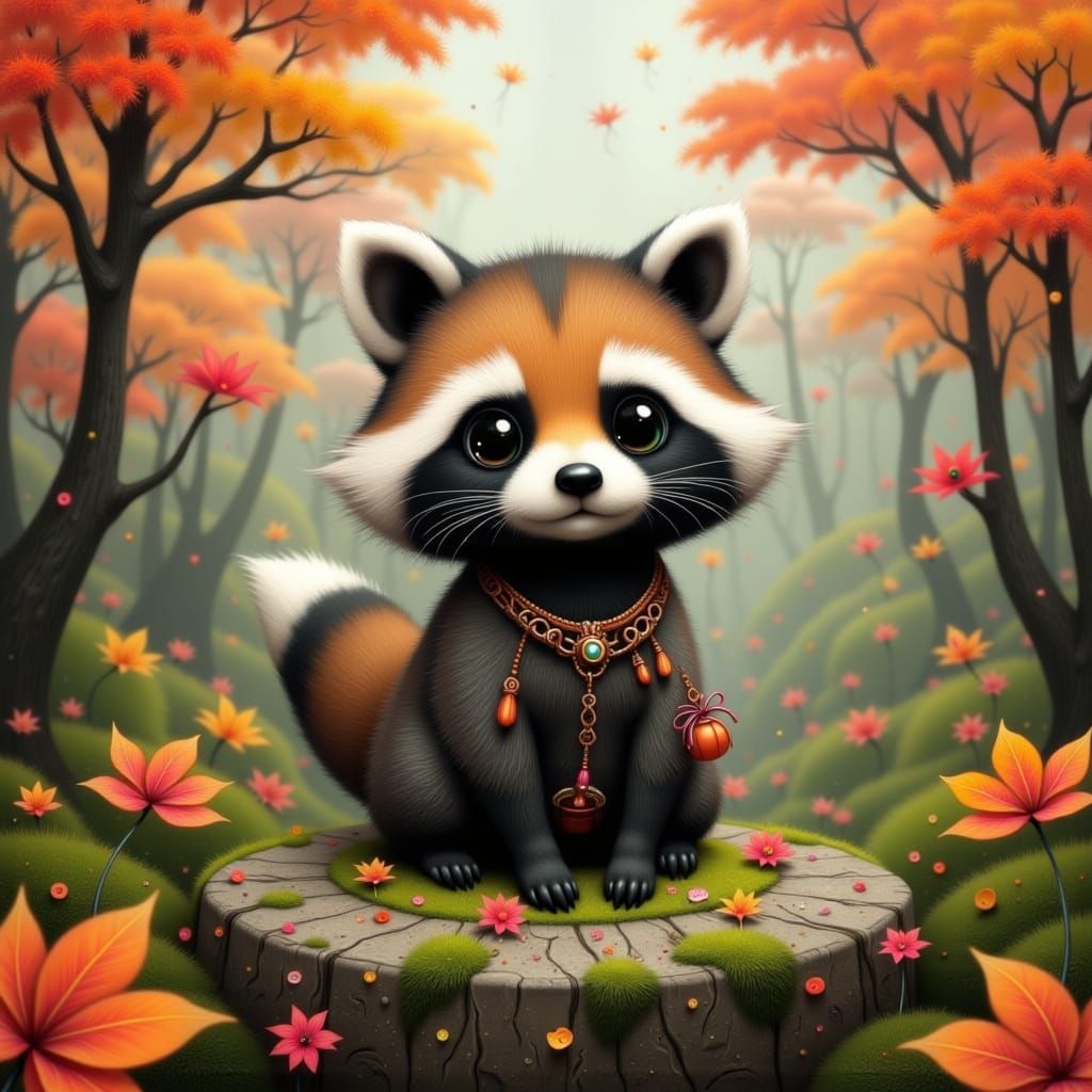 Bake-danuki in Dreamlike Autumn Scene