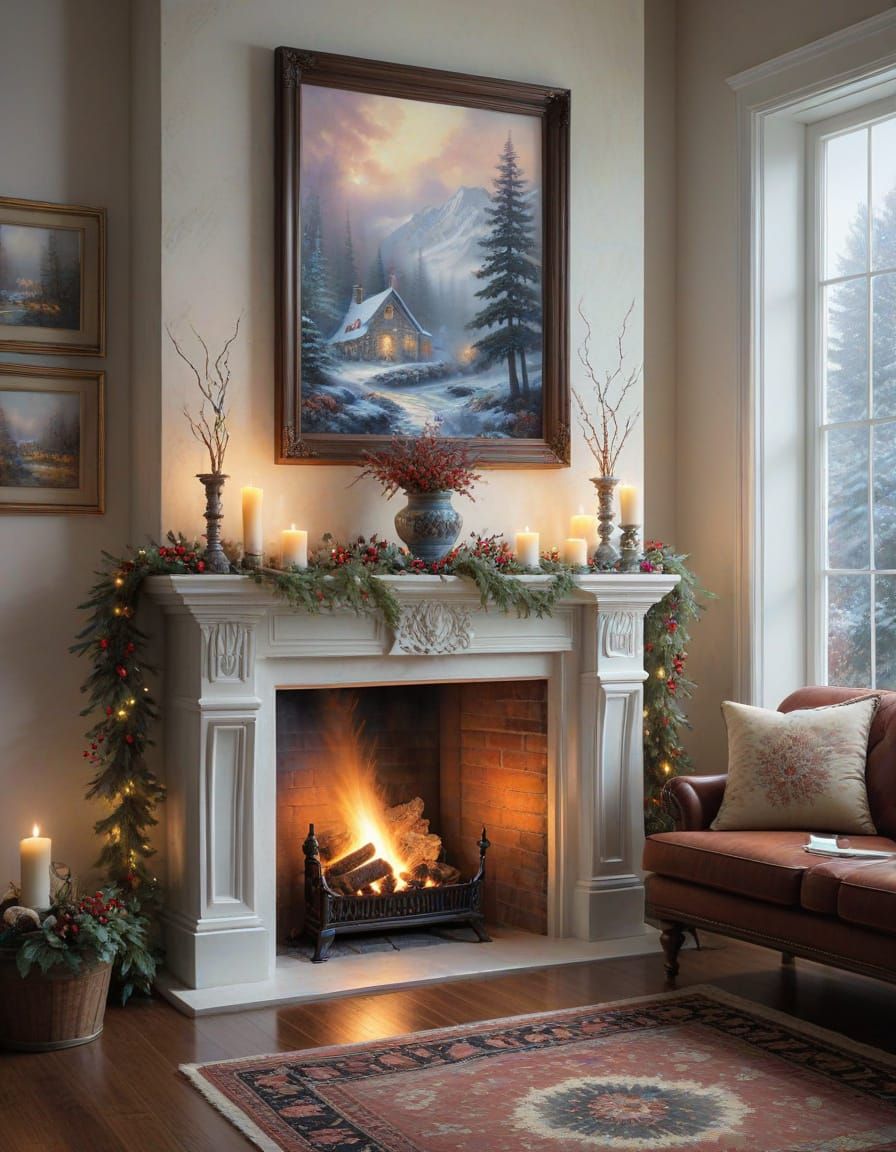 Cozy Fireplace with Winter Garland in Watercolour