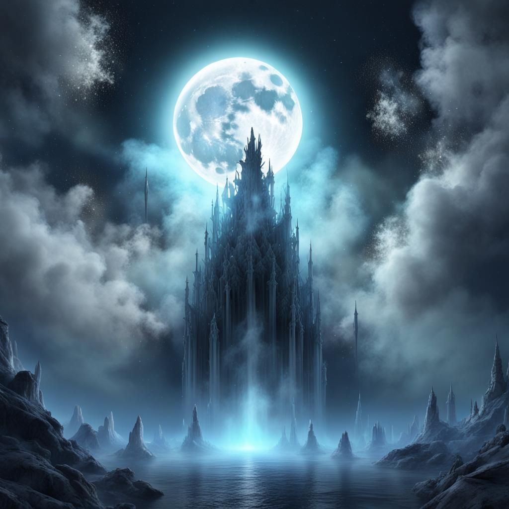 Ethereal Mist Spirit Gazing at Bioluminescent Moon