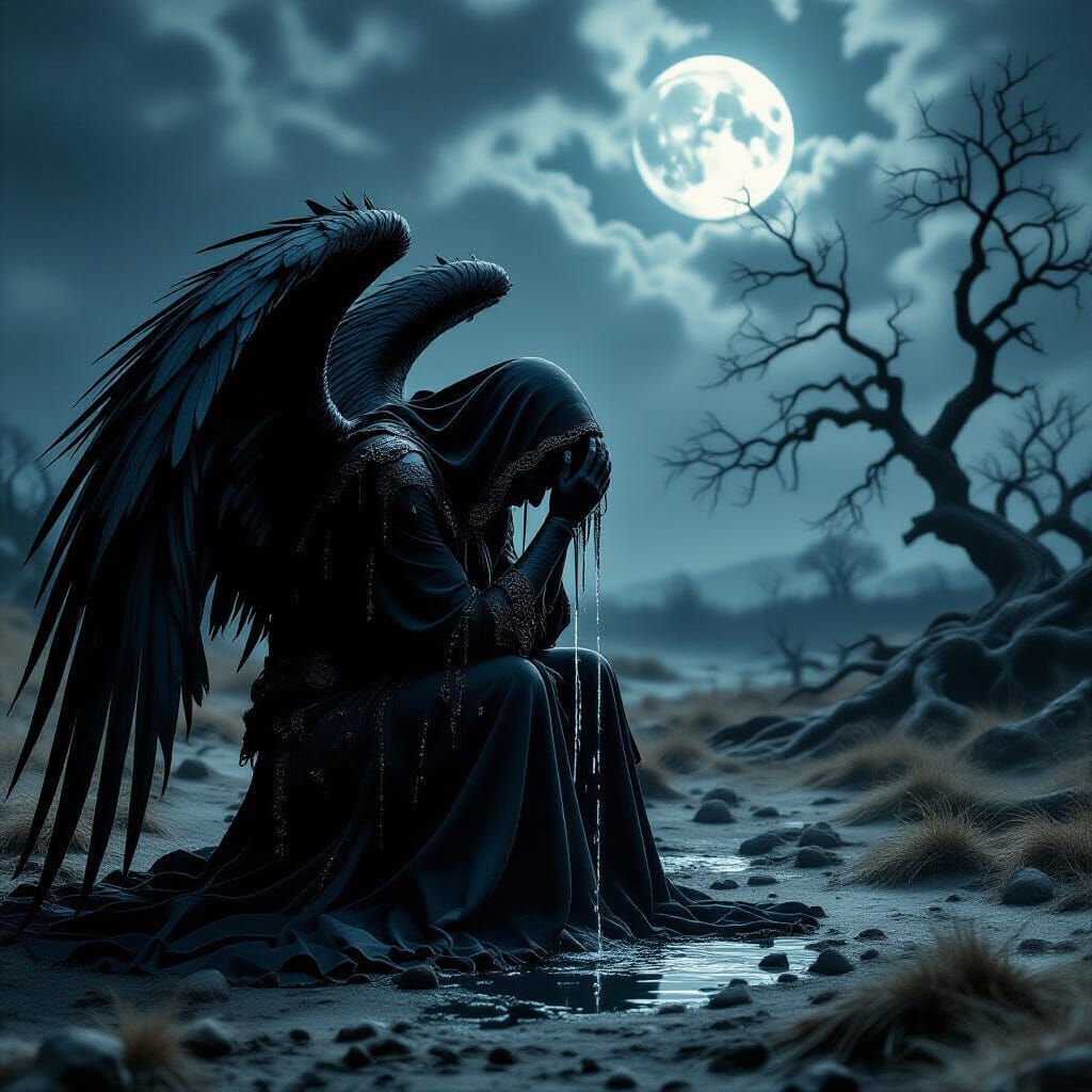 Fallen Angel Weeping Starlight on Desolate Moor