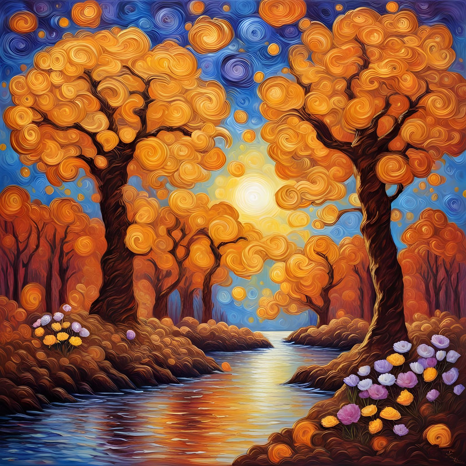 Whimsical Landscape with Honey River in Impasto Style