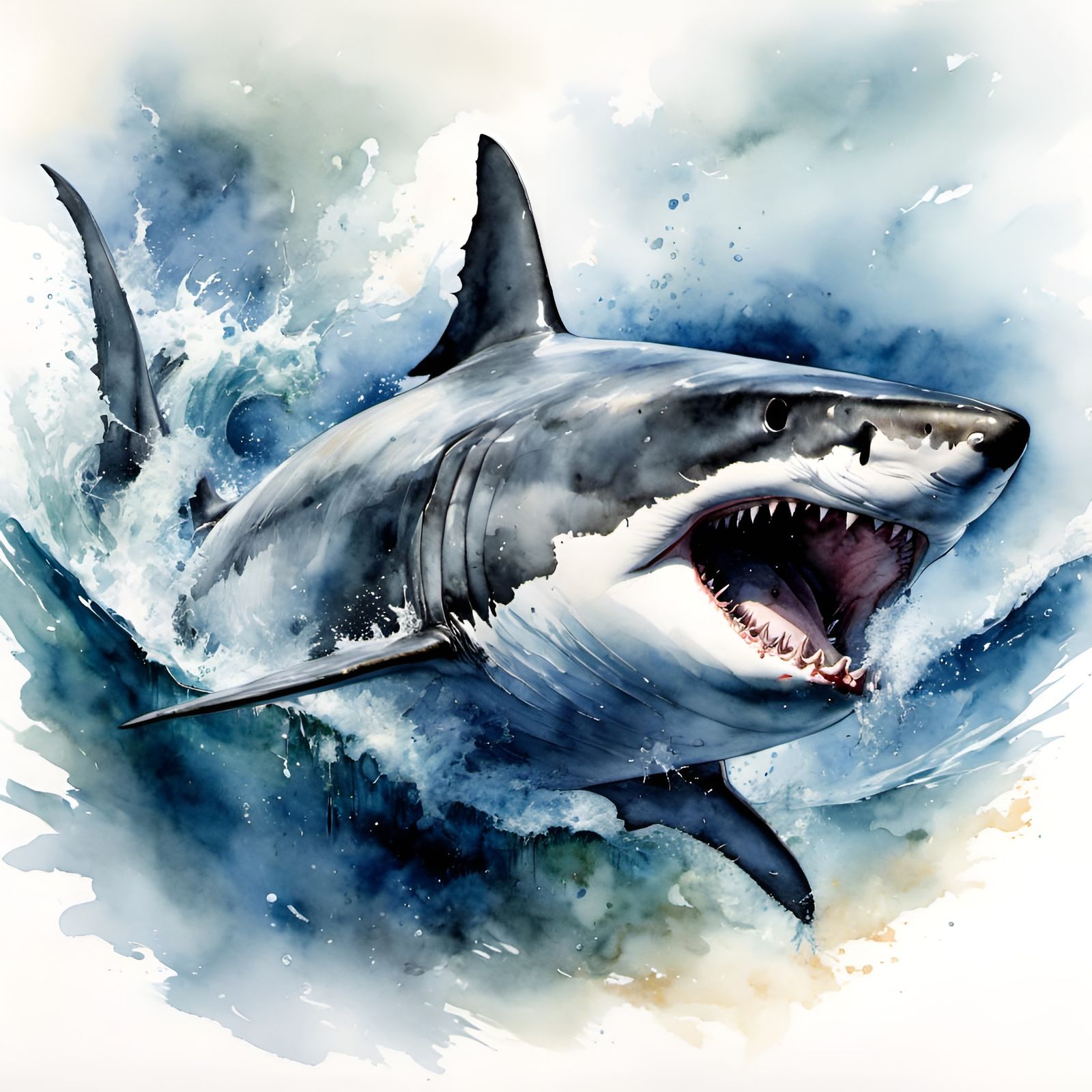 Fearsome Great White Shark in Watercolor Style